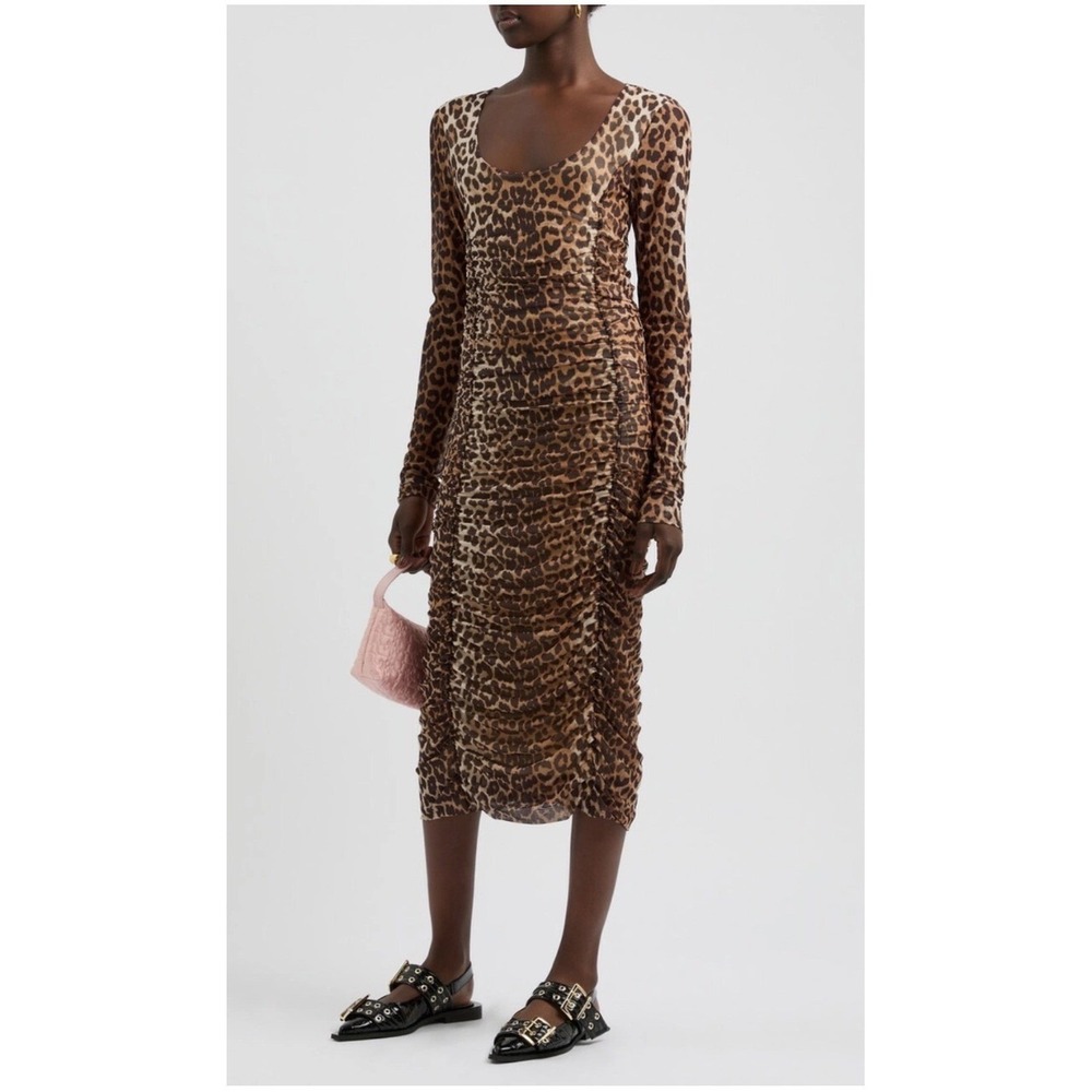 Ganni Leopard Print‎ Ruched Tulle Midi Dress Brown Long Sleeve Mesh Size 10/12